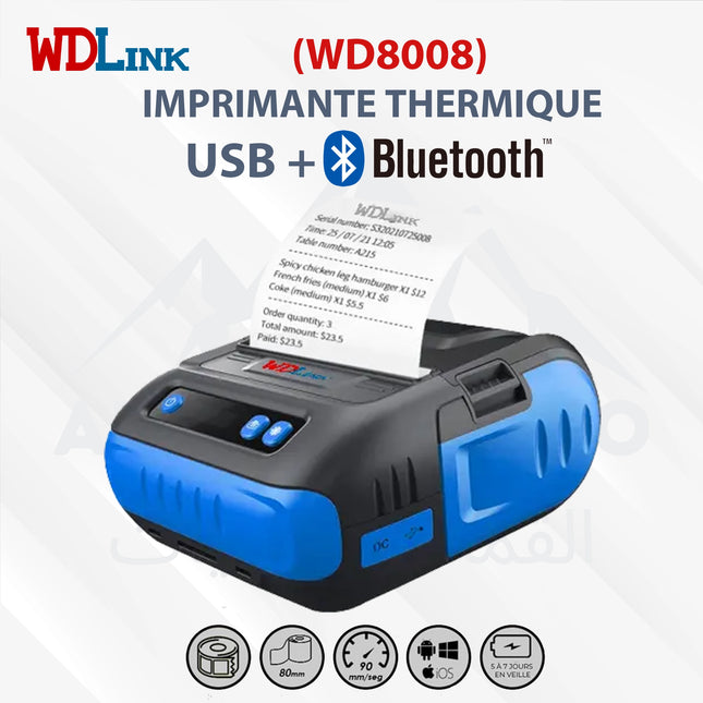 Imprimante ticket PORTABLE wdlink WD8008 USB+Blue tooth
