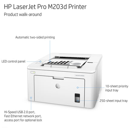 Imprimante HP LaserJet M203dn monochrome avec connectivité réseau, impression recto verso, vue de l'avant.