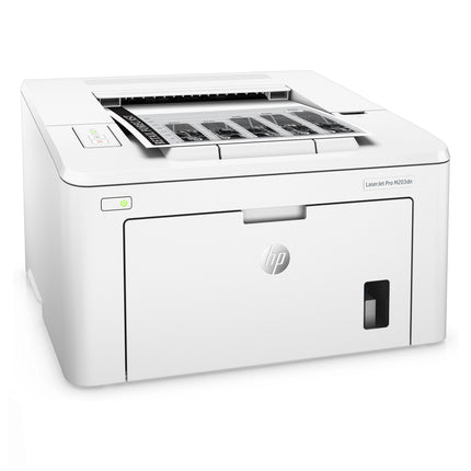 Imprimante HP LaserJet M203dn monochrome réseau avec impression recto verso, vue de l'avant.