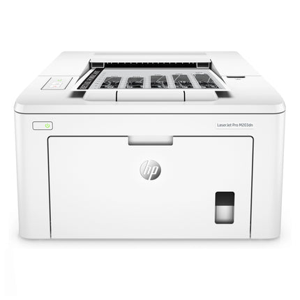 Imprimante HP LaserJet M203dn monochrome réseau avec impression recto verso, vue de face, design compact et fonctionnel.
