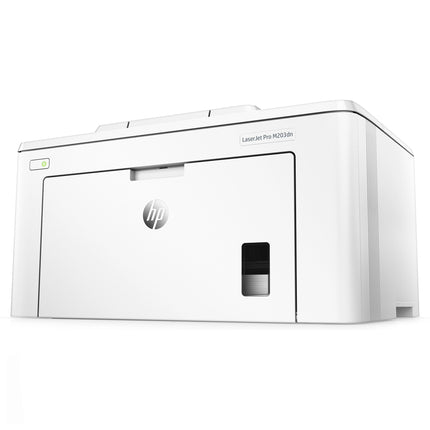 Imprimante HP LaserJet M203dn monochrome réseau avec impression recto verso, vue de l'avant.