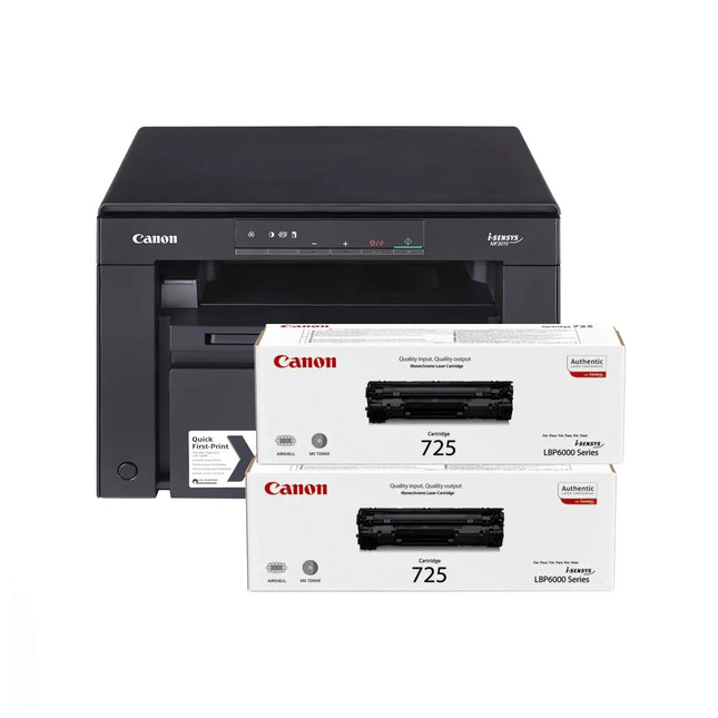 Imprimante Canon i-SENSYS Laser monochrome MF3010 avec 2 toners Canon 725, vue de face, en contexte de bureau.