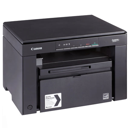 Imprimante Canon i-SENSYS Laser Monochrome MF3010 avec 2 toners Canon 725, vue de face sur fond blanc.