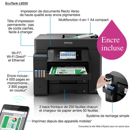 Imprimante Epson EcoTank L6550 Multifonction à Réservoirs Rechargeables (C11CJ30403)