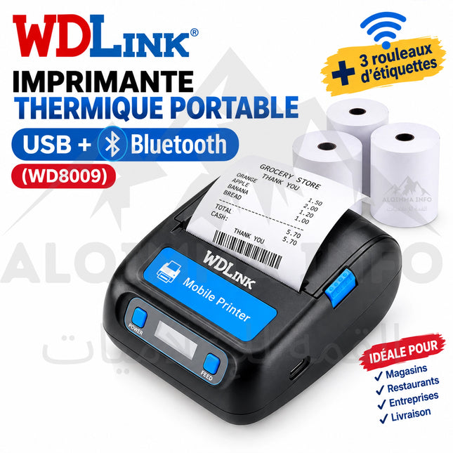 Imprimante ticket PORTABLE wdlink WD8009 USB + Bluetooth + 3 ROULEAUX