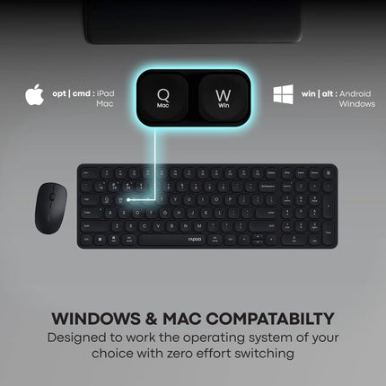 Clavier et souris sans fil Rapoo 9320M en disposition azerty, connectés et posés sur un bureau moderne.