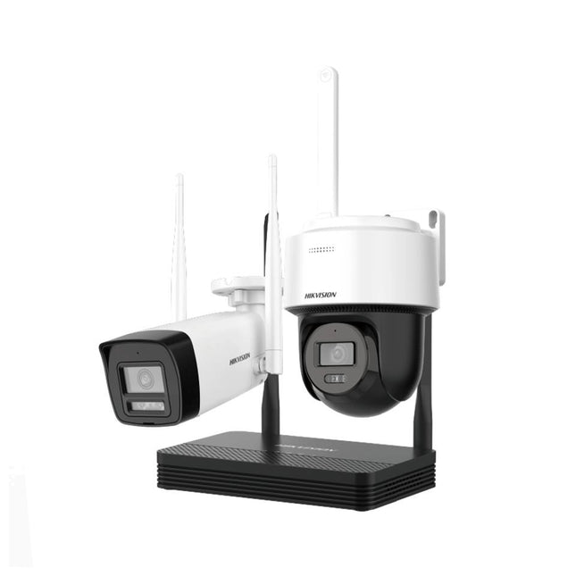 Kit caméra Hikvision WiFi 4MP, caméras bullet et PT dôme avec NVS pour surveillance intérieure et extérieure.