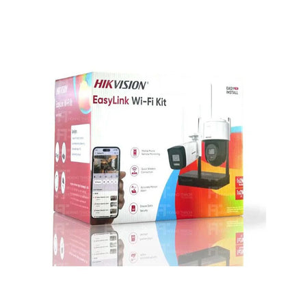 Kit caméra Hikvision WiFi 4MP avec caméra bullet et PT dôme, incluant NVS, pour surveillance extérieure.