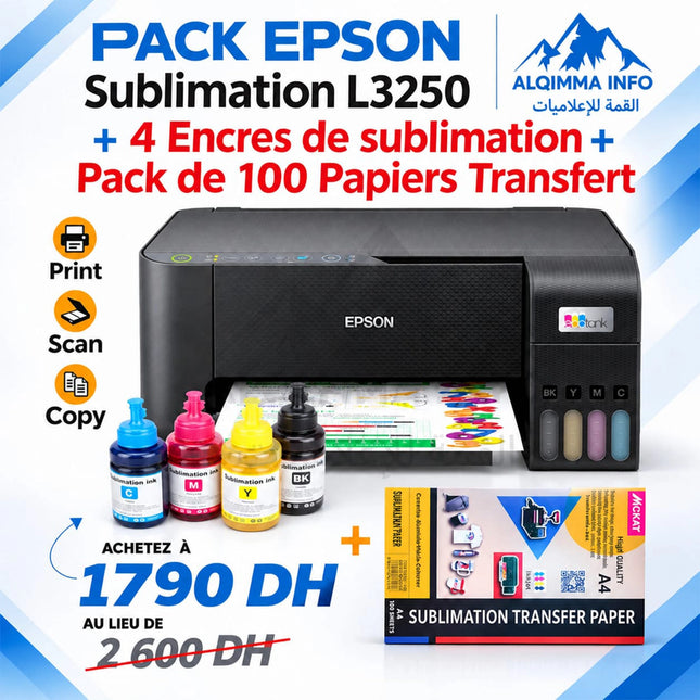 Imprimante Epson Ecotank L3251 avec 4 encres de sublimation et 100 papiers transfert pour sublimation.