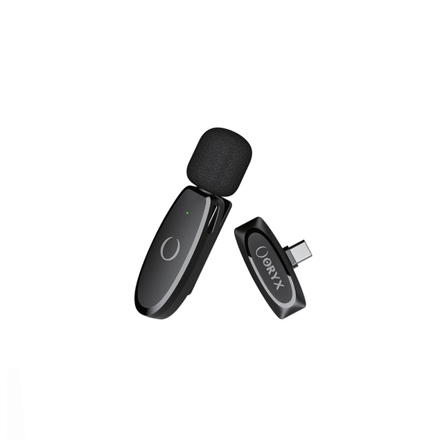 Microphone ORYX W-MIC noir avec câble, conçu pour la voix et l'enregistrement audio, visible en gros plan.
