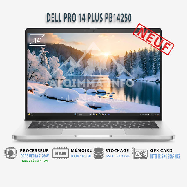 Ordinateur portable Dell Pro 14 Plus avec écran 14 pouces, clavier, ports et logo Dell, en noir.