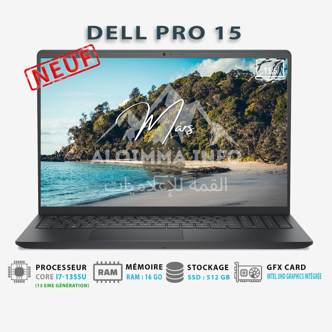 Ordinateur portable Dell Pro 15 avec processeur i7, 16Go RAM, SSD 512Go, écran 15,6 pouces, Wi-Fi et Bluetooth.