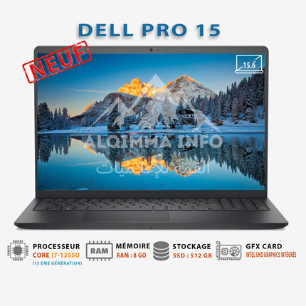 Ordinateur portable Dell Pro 15 avec processeur i7, 8GB RAM, SSD 512GB, écran 15,6 pouces, Wi-Fi et Bluetooth, 1 an de garantie.