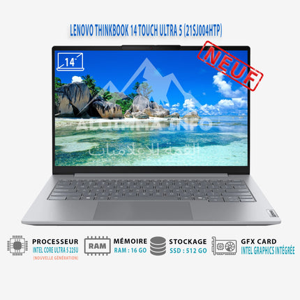 Ordinateur portable Lenovo ThinkBook 14 Touch Ultra avec 16 Go de RAM, SSD 512 Go, écran tactile et système FreedOS.