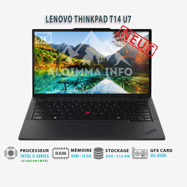 Ordinateur portable Lenovo ThinkPad T14 14 pouces, écran, clavier, et logo visible, avec specifications 16GB RAM, 512GB SSD, Windows 11.