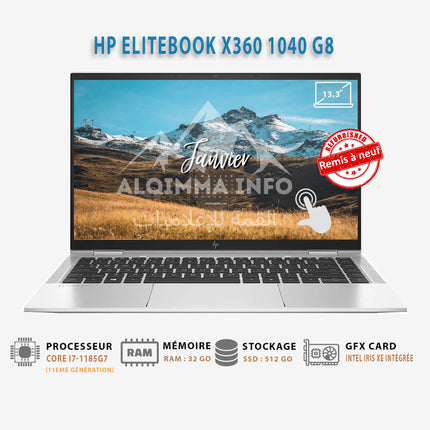 Ordinateur portable HP EliteBook x360 1040 G8 i7-1185G7-11th 32GB 512GB SSD 13.3 tactile (remis à neuf)