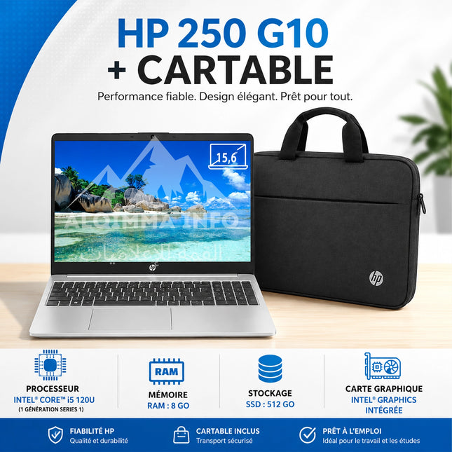 PC PORTABLE HP 250 G10 CORE 5-120U 8GB 512GB SSD 15.6 HD FREEDOS 12M TURBO SILVER + CARTABLE