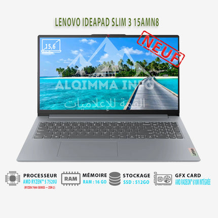 PC PORTABLE LENOVO IDEAPAD SLIM 3 15AMN8 AMD RYZEN 5-7520U 15,6 FHD 16GB 512GG SSD W11H BLACK 15.6 POUCES