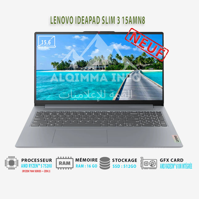 PC PORTABLE LENOVO IDEAPAD SLIM 3 15AMN8 AMD RYZEN 5-7520U 15,6 FHD 16GB 512GG SSD W11H BLACK 15.6 POUCES
