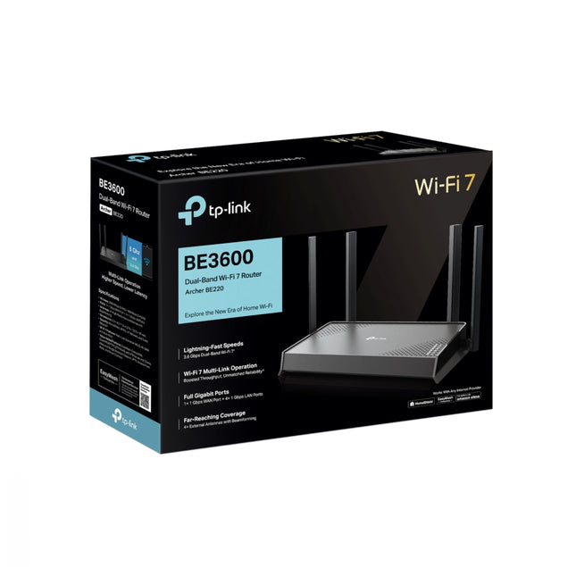 Point d'accès Tplink Archer BE220 WiFi 7 BE3600, dispositif de connectivité sans fil bi-bande présenté dans son emballage.