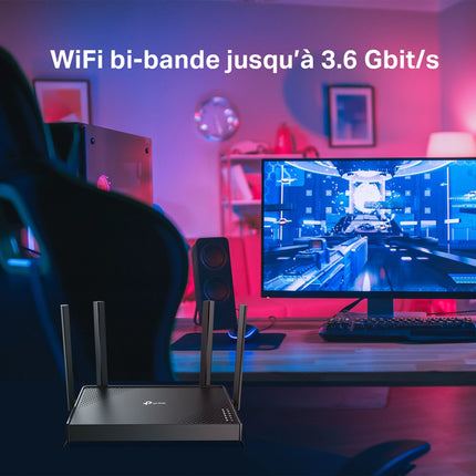 Point d'accès Tplink Archer BE220 WiFi 7 BE3600 bi-bande, vue du routeur avec antennes et ports Ethernet.