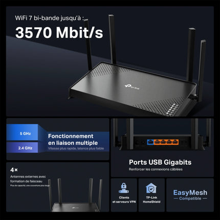 Point d'accès Tplink Archer BE220 WiFi 7 BE3600 bi-bande, connectivité sans fil à haute vitesse, image du produit.