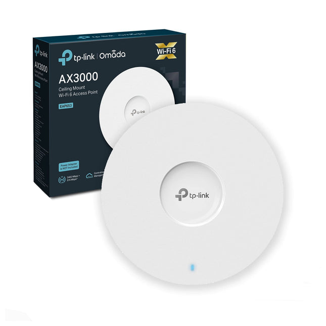 Point d'accès TP-Link EAP653 WiFi 6 AX3000, routeur sans fil gigabit, vue du dispositif et de ses ports.