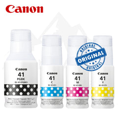 Pack de 4 bouteilles d’encre Canon GI-41 originales pour imprimante, enflasques colorées sur fond blanc