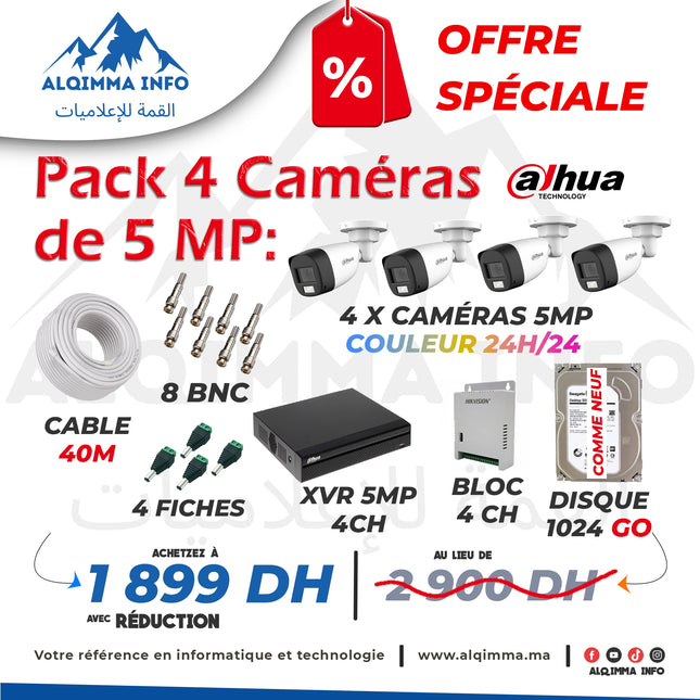 Pack Vidéosurveillance 4 Caméras extérieurs 5Mp Couleur Dahua - Meilleur Prix