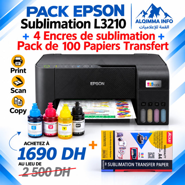 Pack Sublimation Imprimante Epson Ecotank L3210 + 4 Encres de sublimation + 100 Papiers transfer