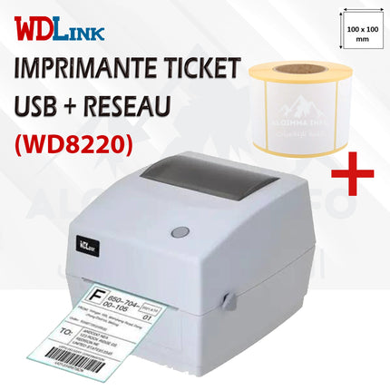 Imprimante Ticket WDLINK 8220 USB + RESEAU + Rouleau de 500 Étiquettes Thermiques 10x10 cm (WD8220)