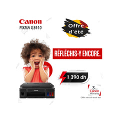 Imprimante Canon PIXMA G3410 couleur avec réservoirs rechargeables et connectivité Wi-Fi, vue de face.