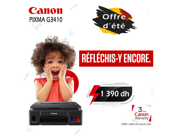 Imprimante Canon PIXMA G3410 couleur avec réservoirs rechargeables et connectivité Wi-Fi, vue de face.