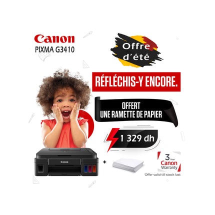 Imprimante Canon PIXMA G3410 à réservoirs rechargeables en couleur, connectée Wi-Fi, avec ramette de papier A4.