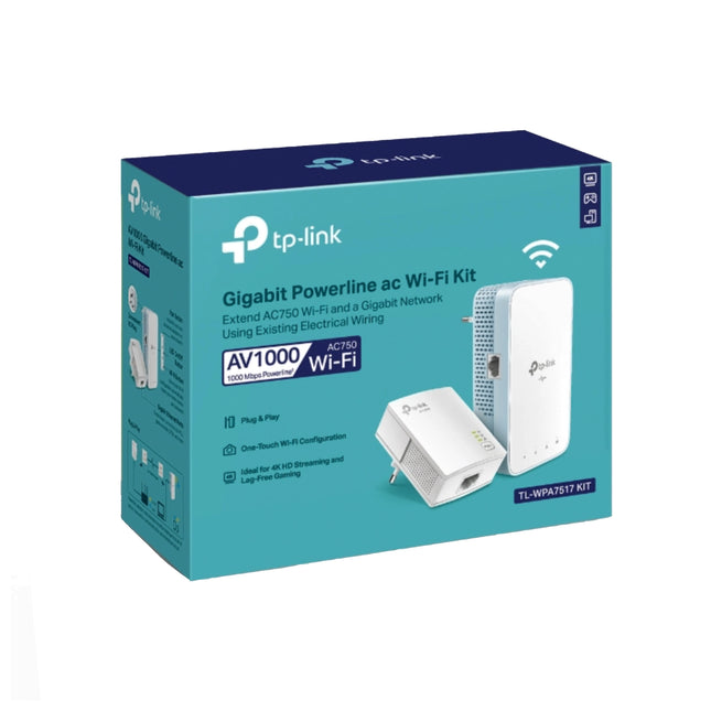 Extension de gamme Tplink CPL AV1000 Powerline Wi-Fi, kit avec adaptateurs gigabit et vitesse de 300 Mbps, modèle TL-WPA7517KIT.