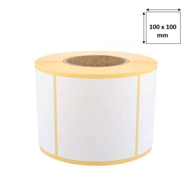 Rouleau de 500 étiquettes thermiques 10x10 cm de marque générique, prêt à être utilisé pour l’étiquetage.