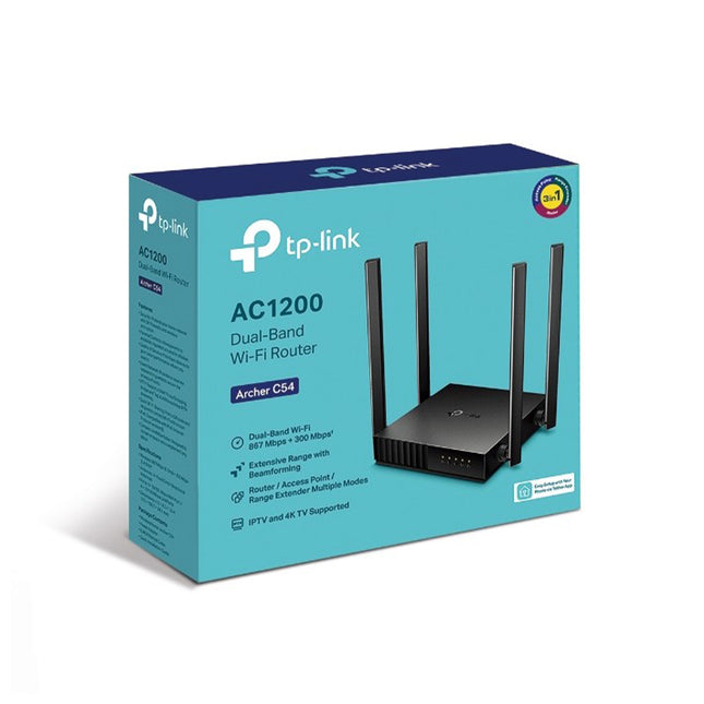 Routeur Tplink Archer Ac1200 C54 noir avec antennes, connectivité Wi-Fi rapide et ports Ethernet visibles.