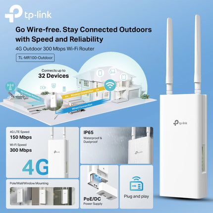 Routeur Tplink sans fil monobande TL-MR100-OUTDOOR avec ports Ethernet, conçu pour une connexion rapide en extérieur.