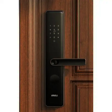 Serrure connectée IMOU K1 avec empreinte digitale, code, Wi-Fi, finition or noir, serrure intelligente moderne.