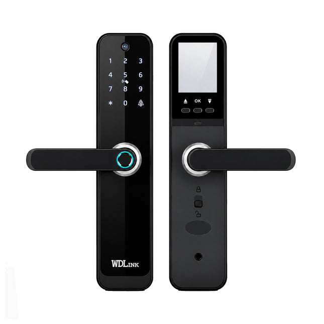 Serrure intelligente WDLINK WDO7PB noire avec caméra intégrée biométrique pour contrôle d'accès sécurisé.