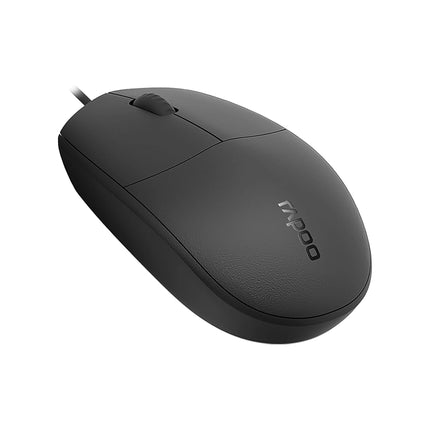 Souris filaire Rapoo N100 noire avec boutons ergonomiques, connectivité USB, conçue pour une utilisation confortable et précise.