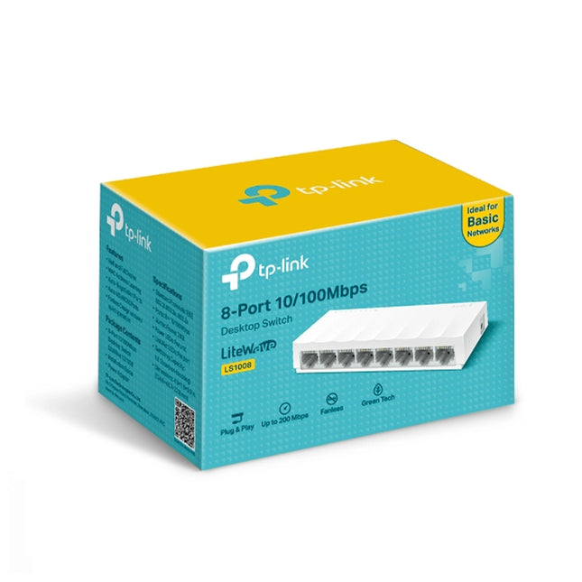 Commutateur Tplink 8 ports 10/100 Mbps, modèle LS1008, avec ports Ethernet pour connexion réseau rapide.