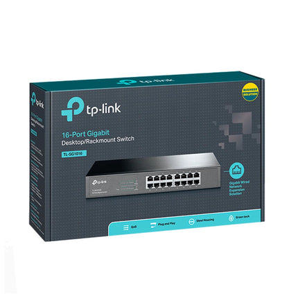 Commutateur TP-Link SG1016, switch rackable 16 ports gigabit, vue de face avec ports Ethernet et indication LED