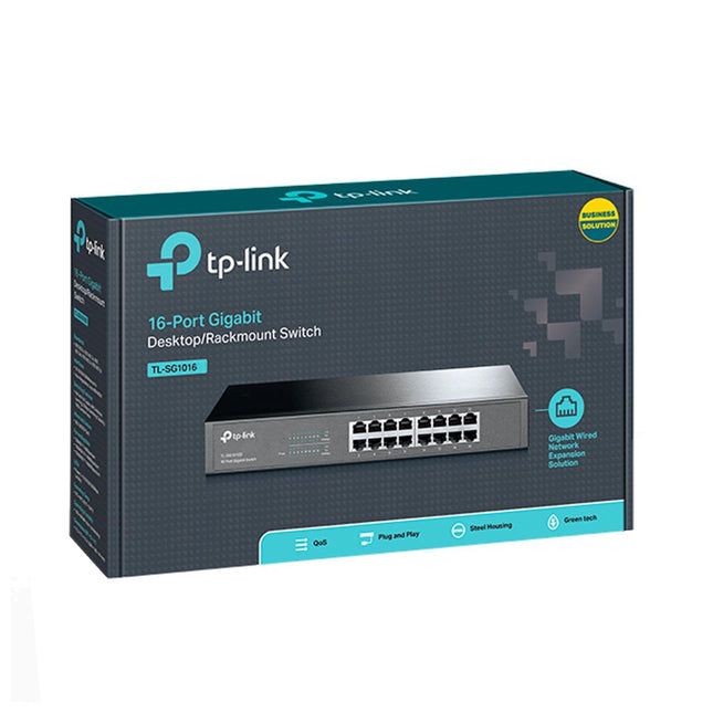 Commutateur TP-Link SG1016, switch rackable 16 ports gigabit, vue de face avec ports Ethernet et indication LED