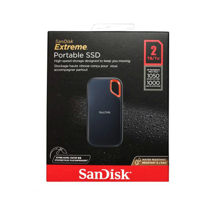 Disque dur portable SSD SanDisk Extreme V2 2TB, résistant à l'eau, avec connexion USB, vitesse jusqu'à 1050MB/s.