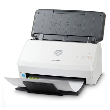 Scanner à défilement HP ScanJet Pro 3000 S4, appareil noir avec écran, prêt à numériser des documents avec précision.