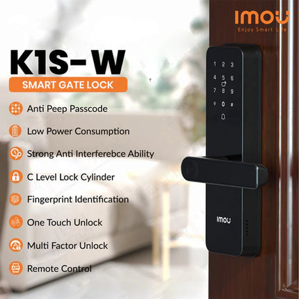 Serrure intelligente WiFi IMOU K1S-W avec clavier numérique et capteur de sécurité, vue de face.