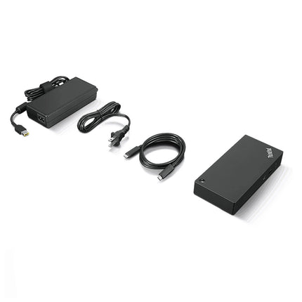 Station d'accueil Lenovo ThinkPad Universal USB-C avec ports multiples, connecteurs et design compact pour ordinateur portable.