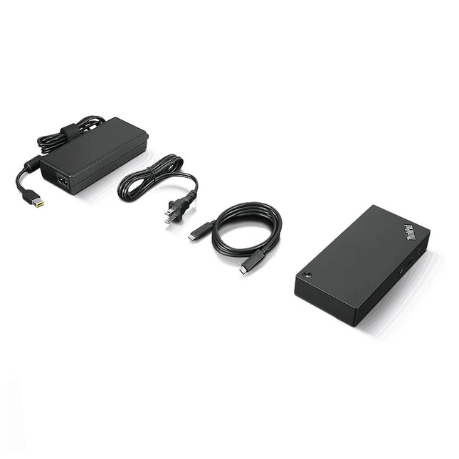 Station d'accueil Lenovo ThinkPad Universal USB-C avec ports multiples, connecteurs et design compact pour ordinateur portable.