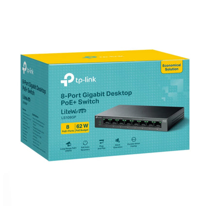 Commutateur Tplink 8 ports gigabit avec PoE+ modèle LS108GP, vue de face avec ports Ethernet visibles.